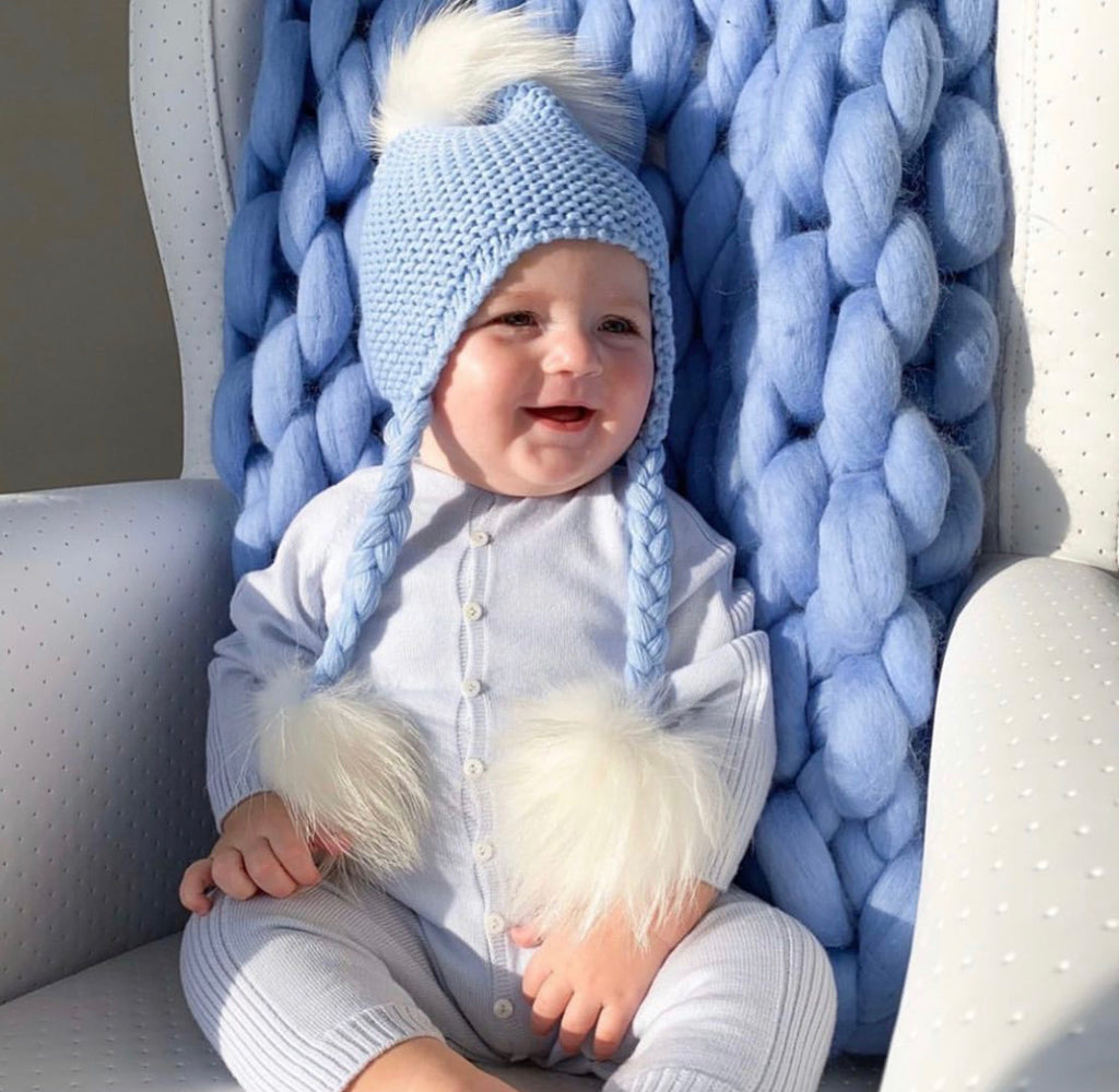 Triple Pom Pom Hat with Tassels- Baby Blue with White Poms