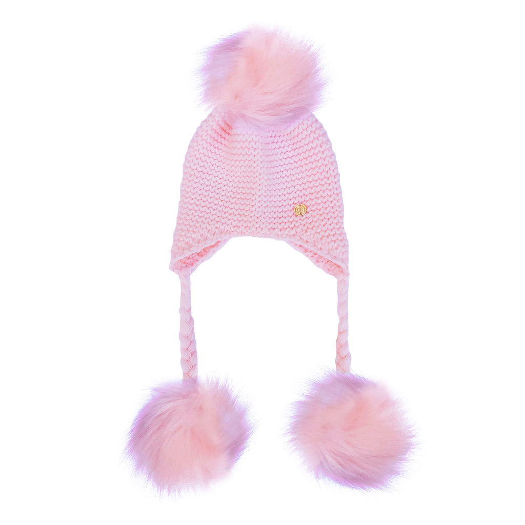 Triple Pom Pom Hat with Tassels- Baby Pink