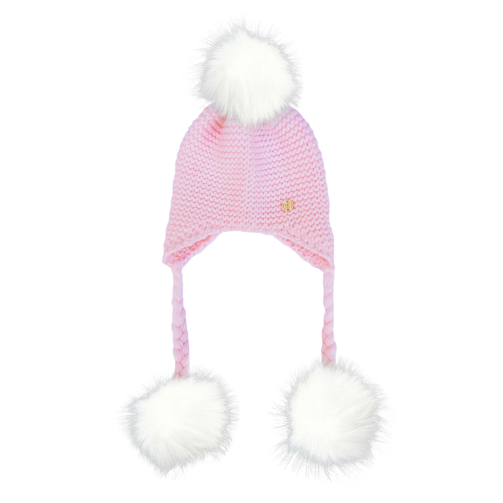 Triple Pom Pom Hat with Tassels- Baby Pink & White