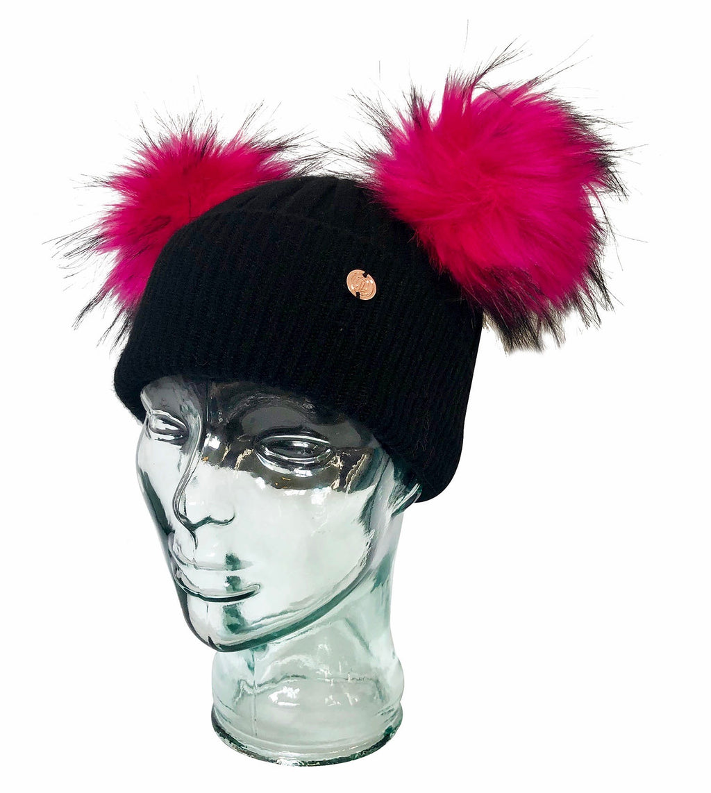 Black and Electric Pink Cashmere Double Pom Pom Beanie Hat