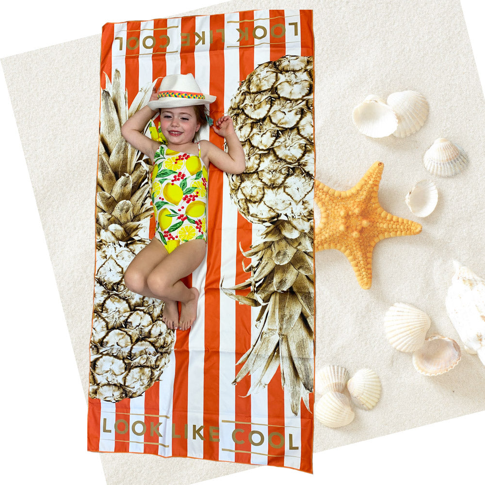 Recycled Plastic Gold Pineapple Compact, Sand Free, Fast Drying Beach/Travel Towel-'Electric Orange'