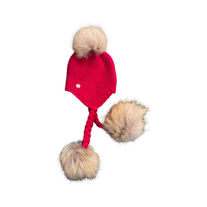 Triple Pom Pom Hat with Tassels- Red