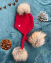 Triple Pom Pom Hat with Tassels- Red