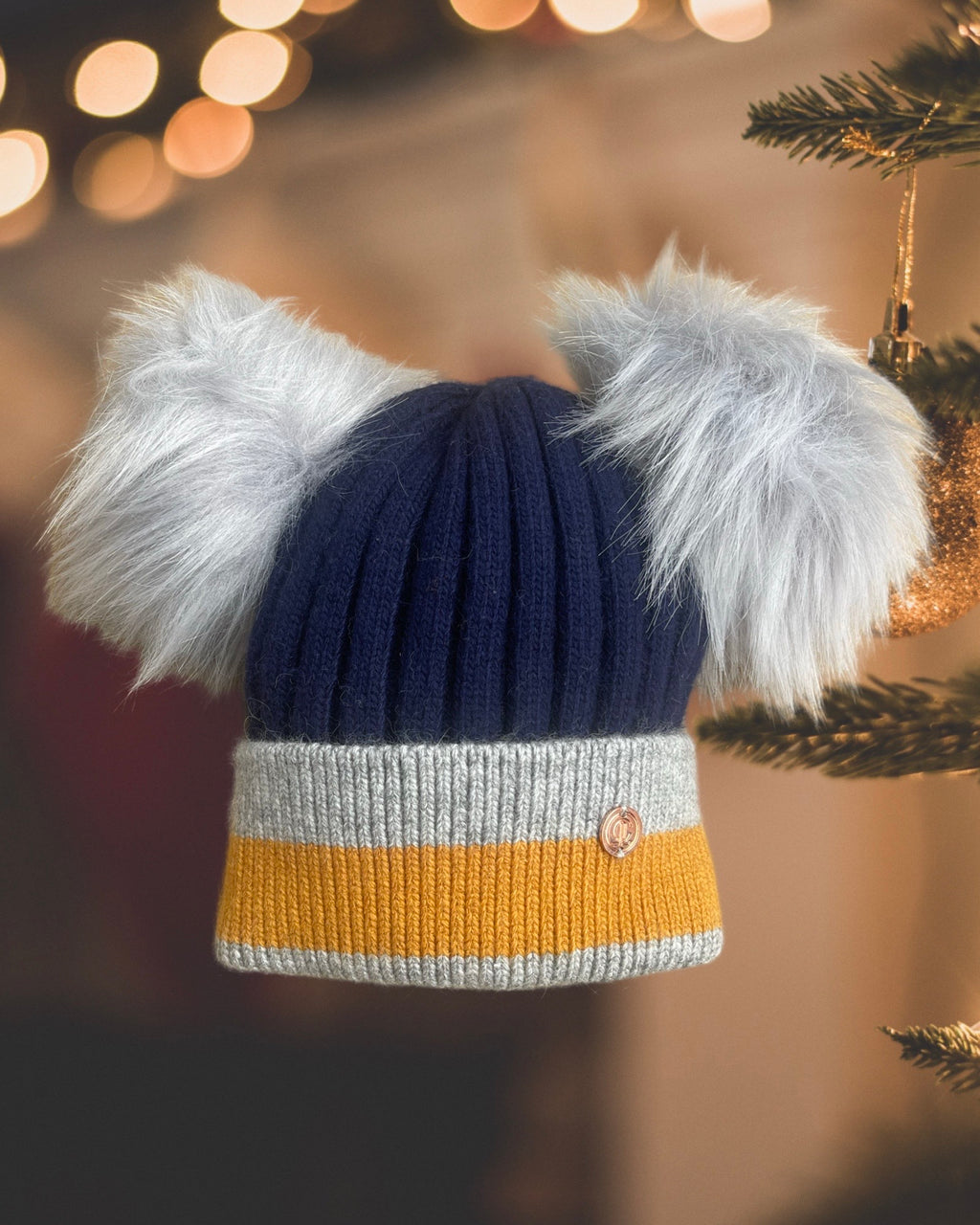 'Say It With Stripes' Navy & Grey Cashmere Double Pom Pom Beanie Hat