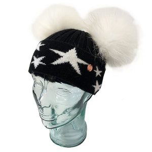 'Little Stars' Black & White Cashmere Double Pom Pom Beanie Hat