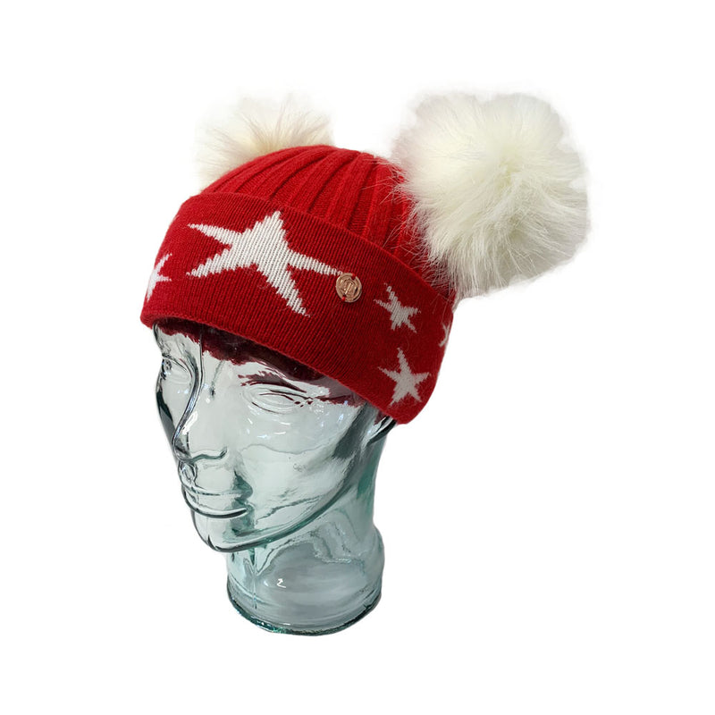 'Stars' Red & White Cashmere Double Pom Pom Beanie Hat