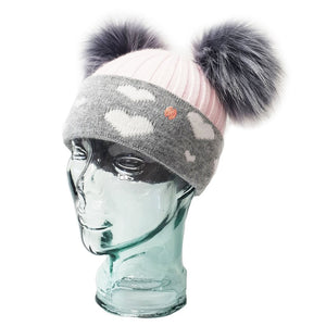 'In Love With LLC' Baby Pink & Grey Hearts Cashmere Double Pom Pom Beanie Hat