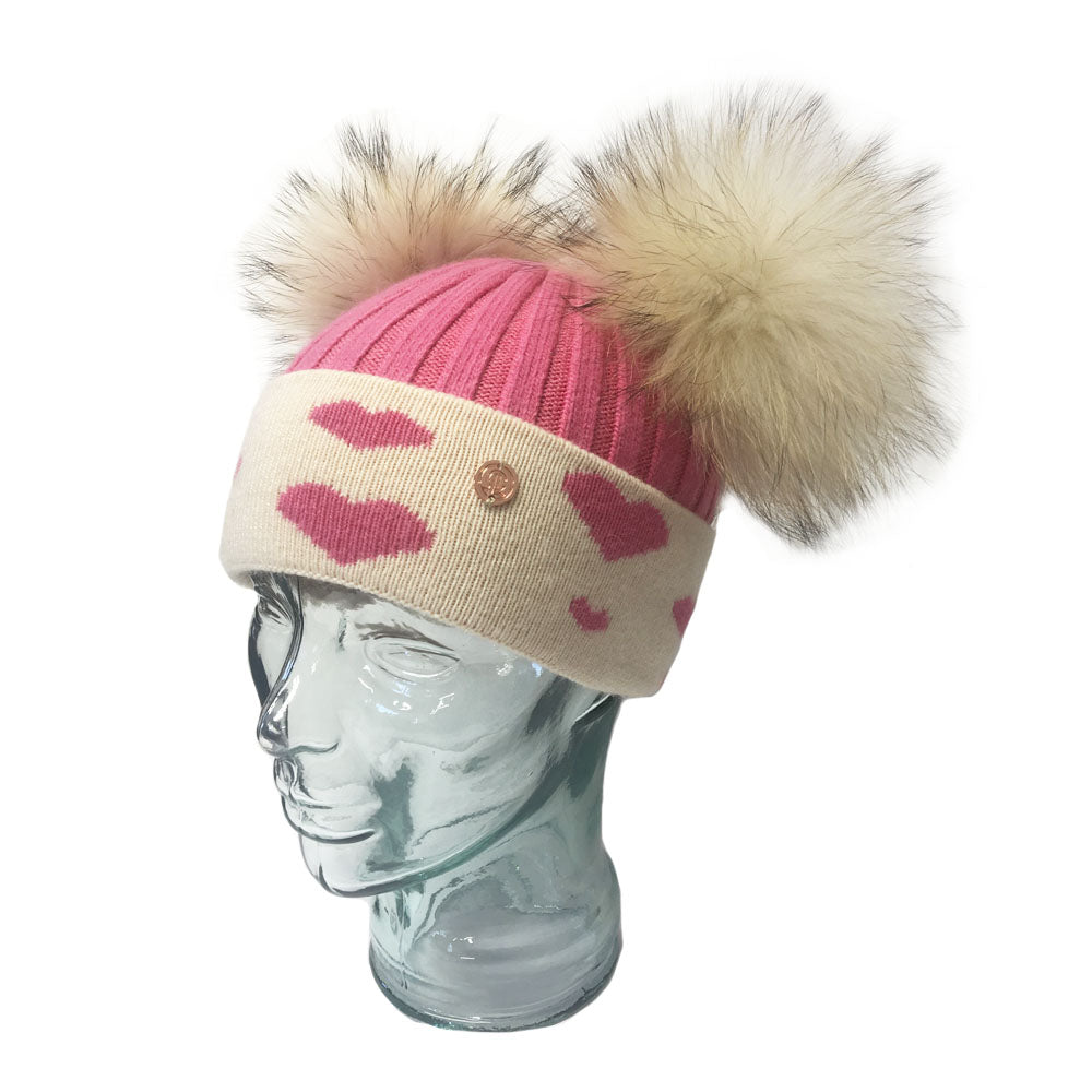 'In Love With LLC' Strawberry Pink & Cream Hearts Cashmere Double Pom Pom Beanie Hat