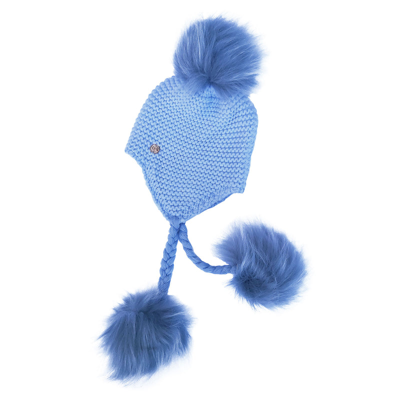 Triple Pom Pom Hat with Tassels- Baby Blue with Blue Poms