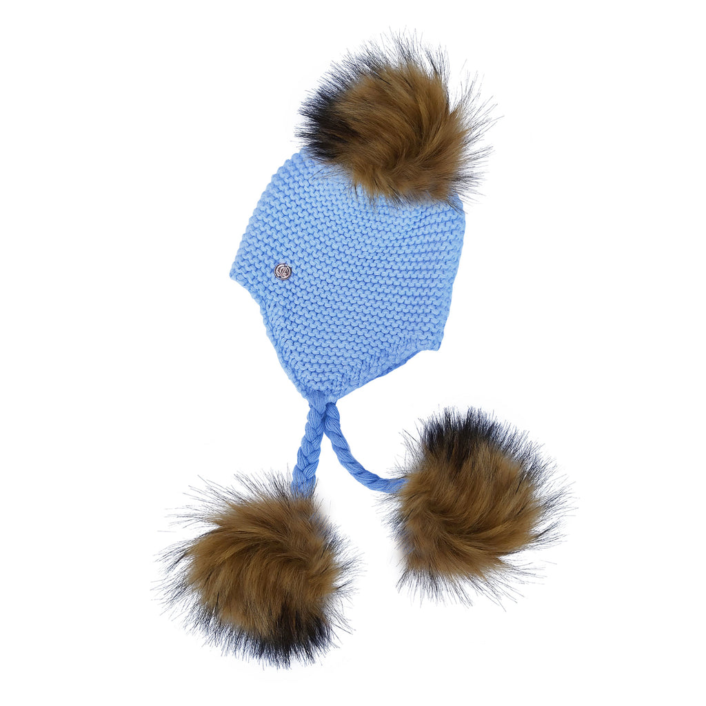 Triple Pom Pom Hat with Tassels- Baby Blue
