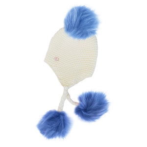 Triple Pom Pom Hat with Tassels- White & Baby Blue