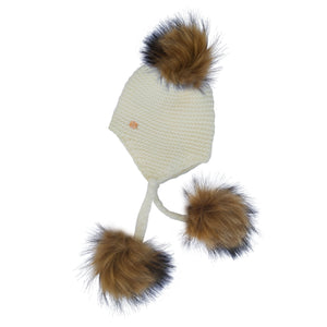 Triple Pom Pom Hat with Tassels- White & Natural