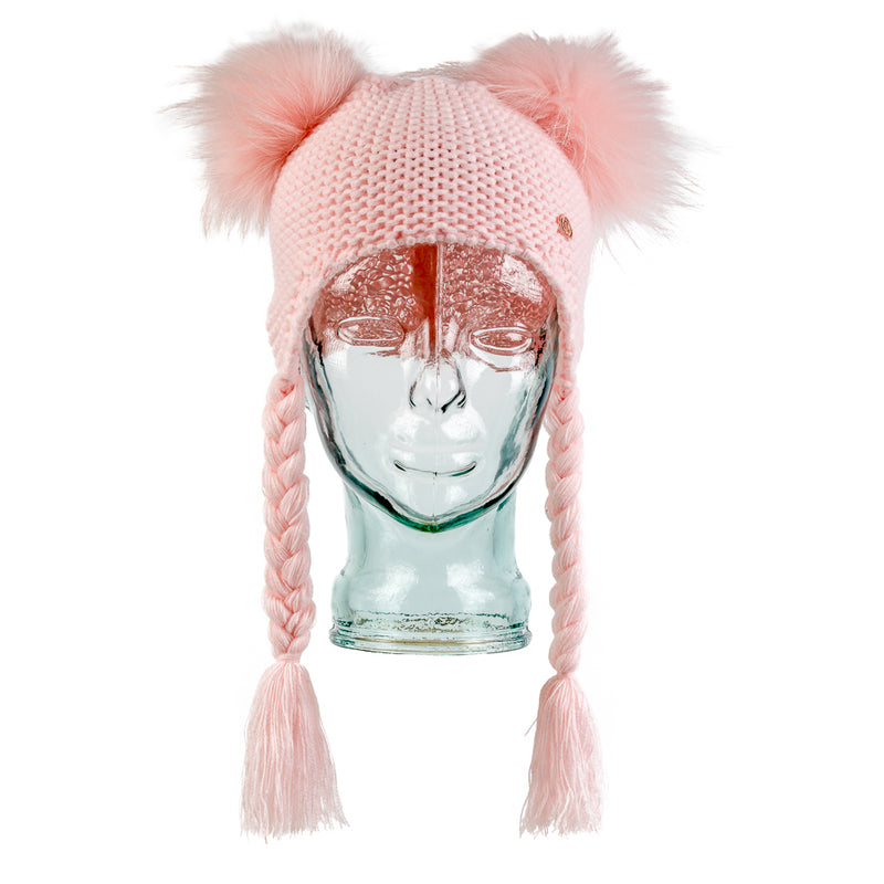 Double PomPom Hat with Tassels- Baby Pink