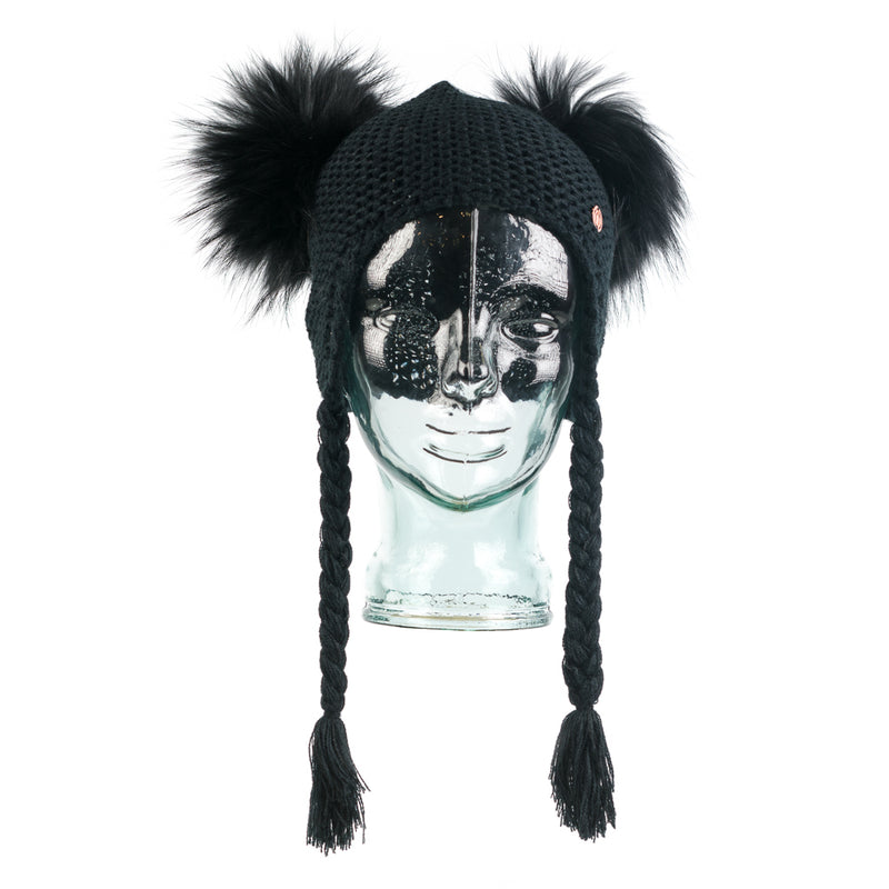 Double PomPom Hat with Tassels- Black