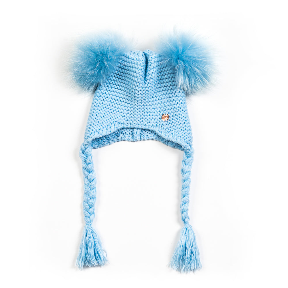 Double PomPom Hat with Tassels- Baby Blue