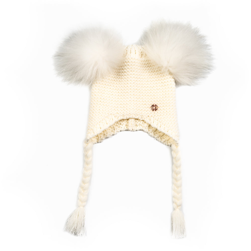 Double PomPom Hat with Tassels- White