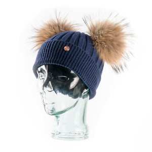 Navy & Natural Cashmere Double Pom Pom Beanie Hat