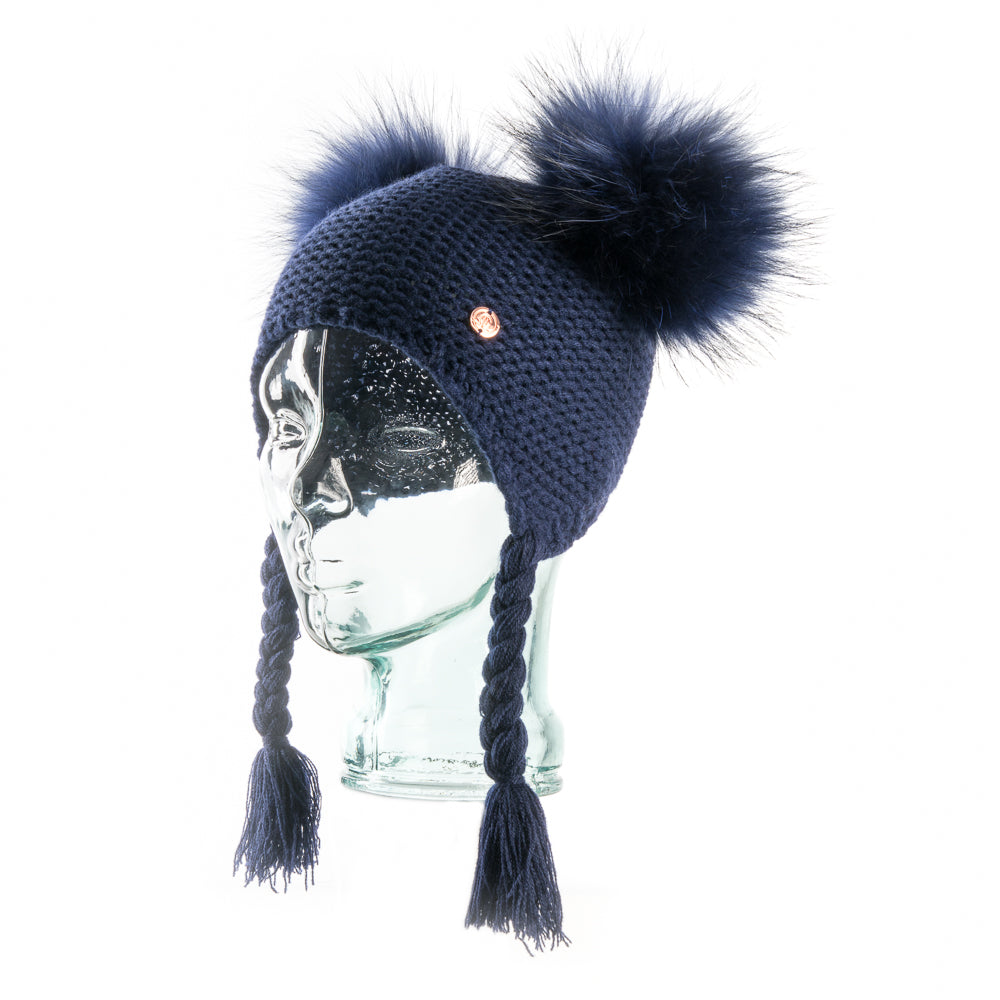 Double PomPom Hat with Tassels- Navy