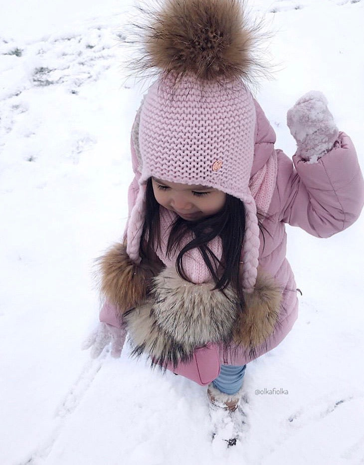 Triple Pom Pom Hat with Tassels- Baby Pink & Natural