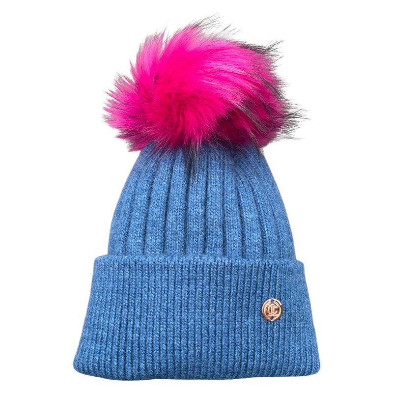 Adult Denim Blue with Electric Pink Single Pom Cashmere Hat