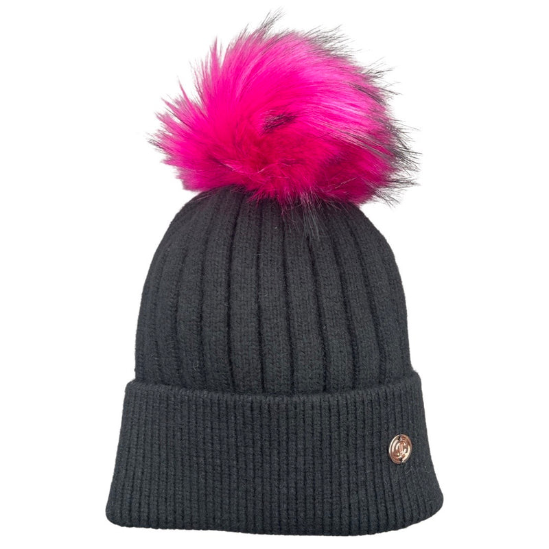 Adult Black with Electric Pink Single Pom Cashmere Hat