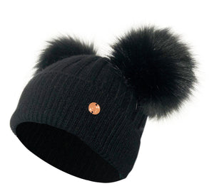 Adult Black & Natural Cashmere Double Pom Pom Beanie Hat
