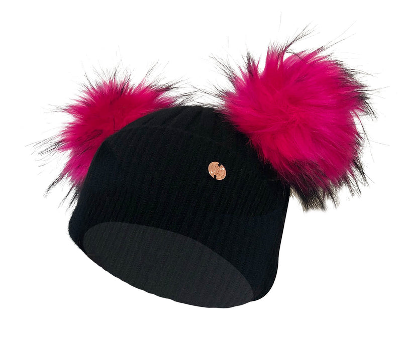 Adult Black Cashmere Double Pom Pom Beanie Hat