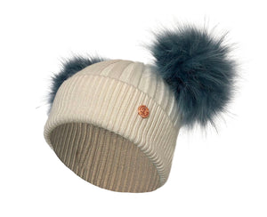 Adult White & Natural Cashmere Double Pom Pom Beanie Hat