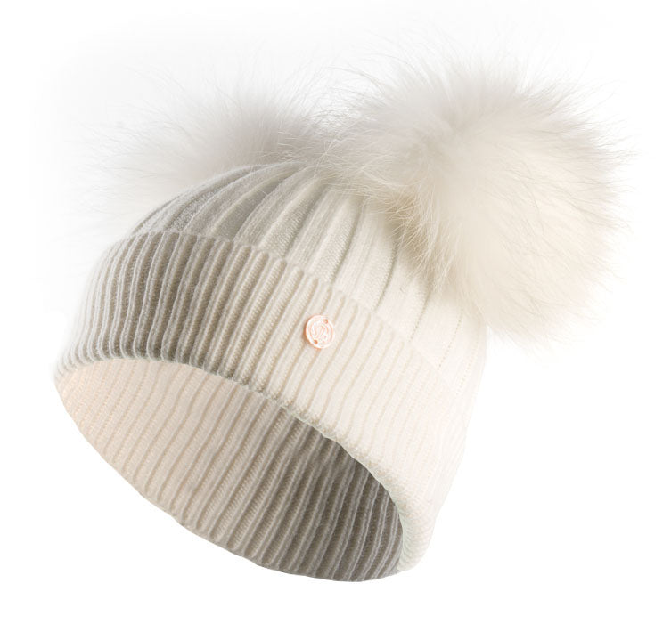 Adult White & Natural Cashmere Double Pom Pom Beanie Hat