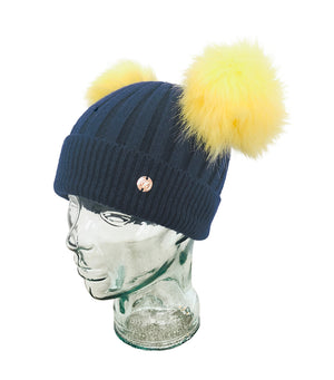 Adult Navy and Yellow Cashmere Double Pom Pom Beanie Hat