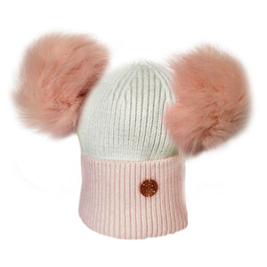 Newborn Pink & White Cashmere Double Pom Pom Beanie Hat