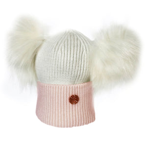 Newborn Pink and White Cashmere Double Pom Pom Beanie Hat with White Poms