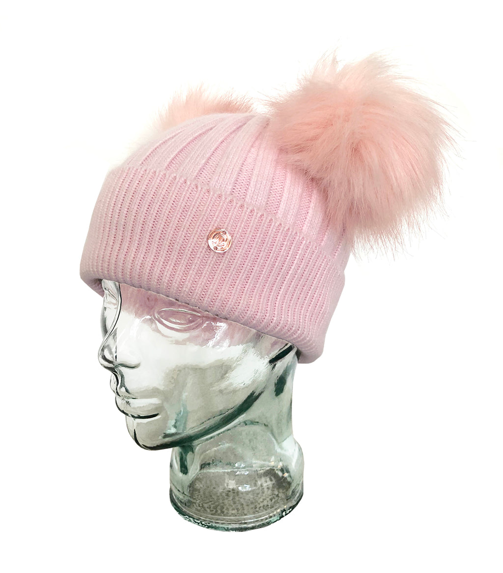 Pink Cashmere Double Pom Pom Beanie Hat