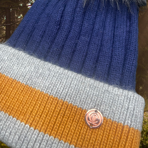 Navy & Grey Stripes Single Pom Cashmere Hat