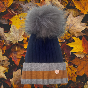 Navy & Grey Stripes Single Pom Cashmere Hat