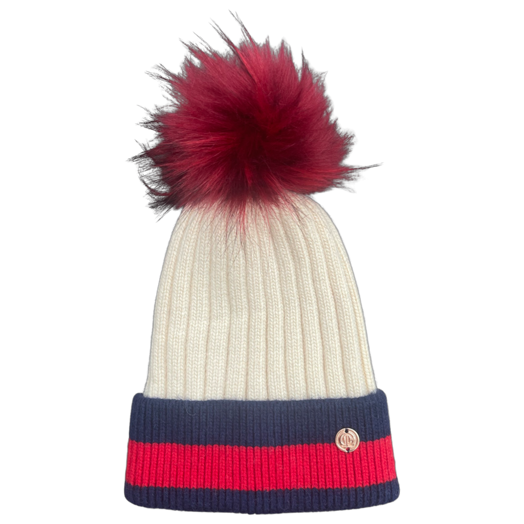 Cream & Navy with Red Single Pom Cashmere Hat