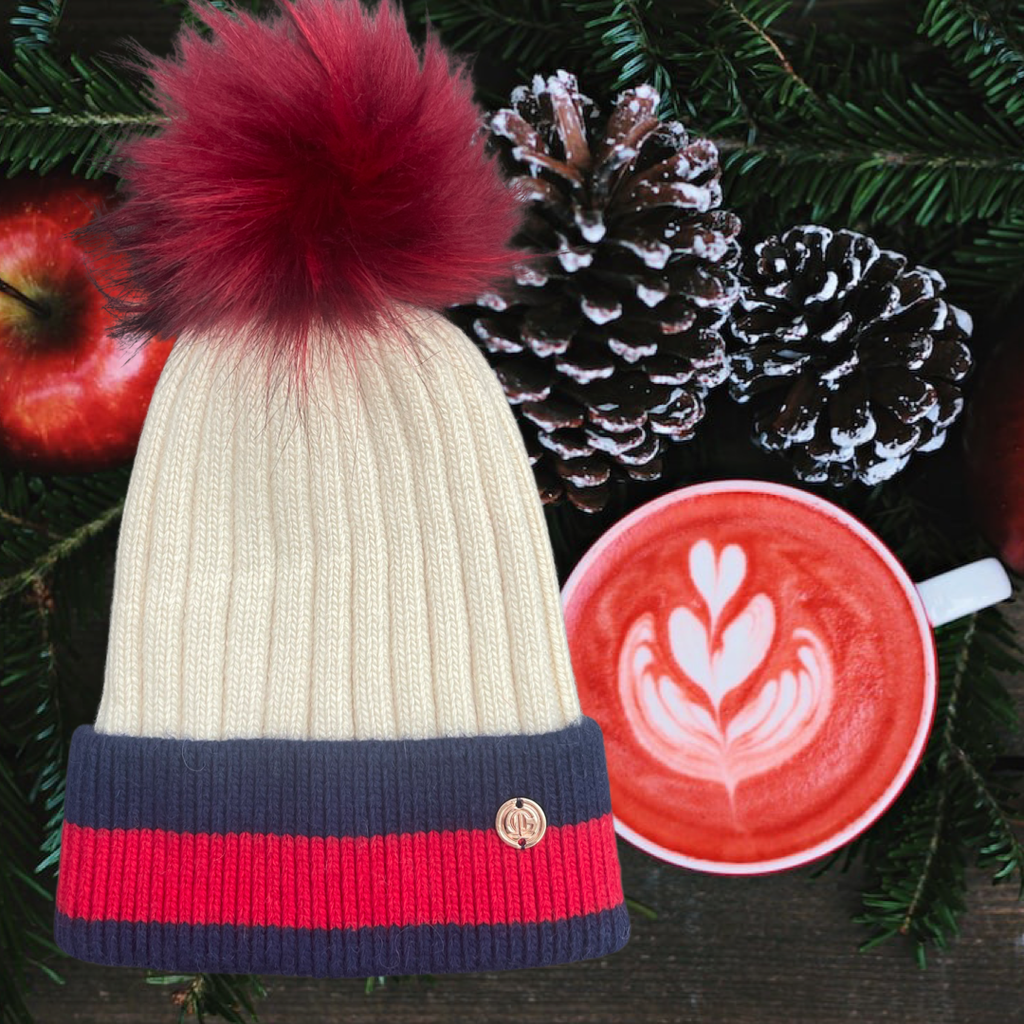 Adult Stripes Cream & Red Single Red Pom Cashmere Hat