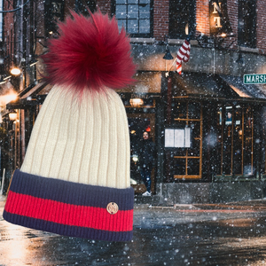 Cream & Navy with Red Single Pom Cashmere Hat