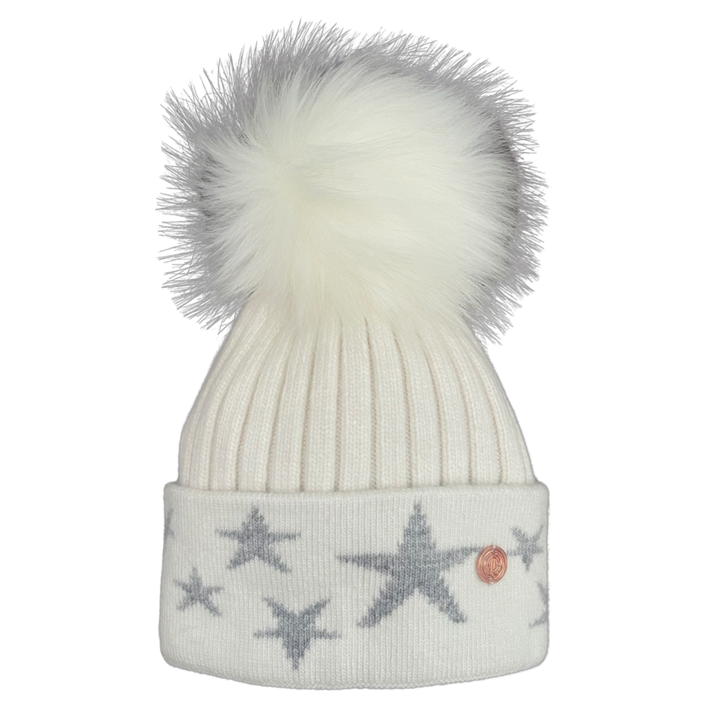 Adult Grey & White Stars Single Pom Cashmere Hat