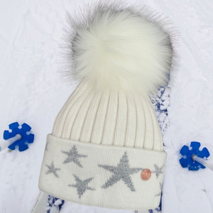 Grey & White Stars Single Pom Cashmere Hat