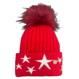 Red & White Stars Single Pom Cashmere Hat