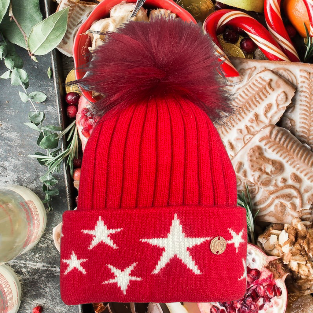 Red & White Stars Single Pom Cashmere Hat
