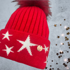 Adult Red & White Stars Single Pom Cashmere Hat