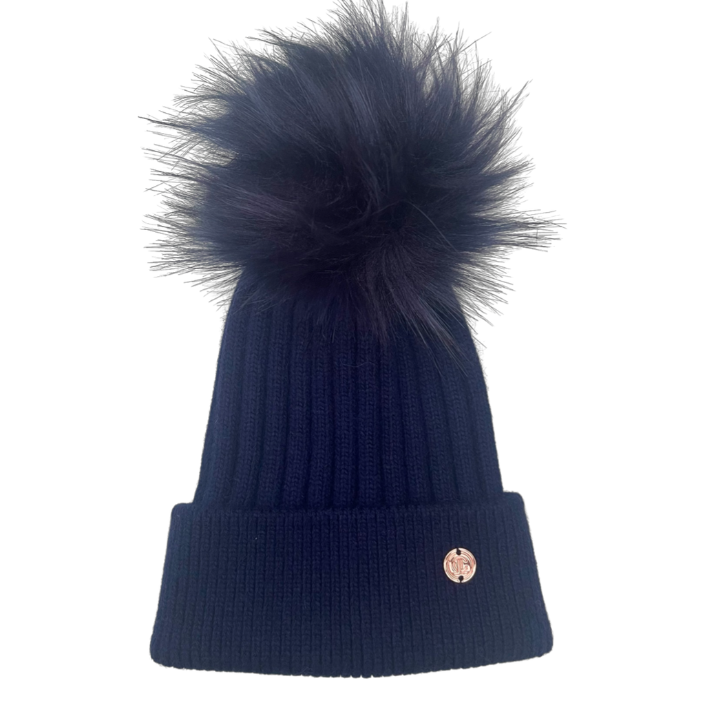 Navy Single Pom Cashmere Hat