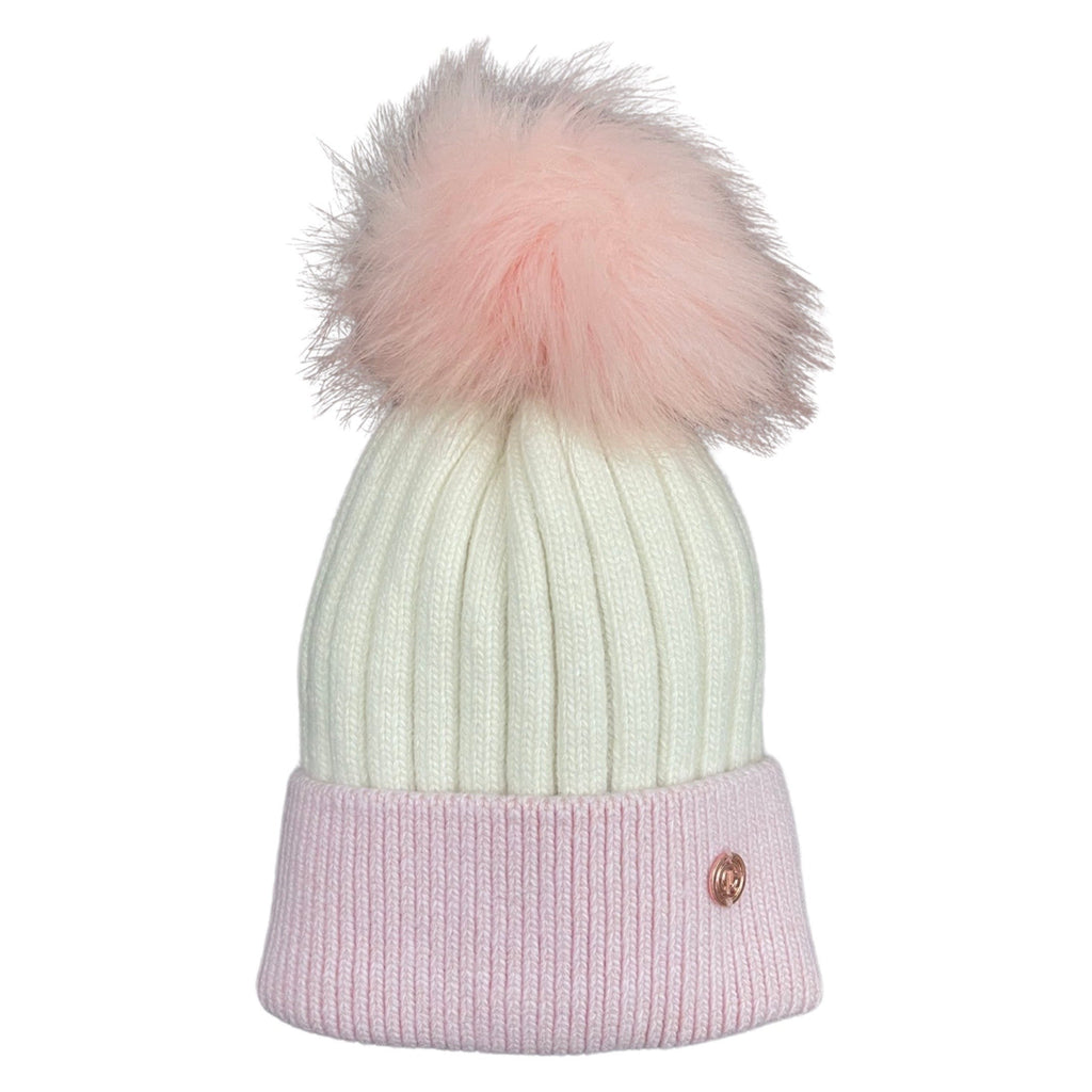 Pink & White Single Pom Cashmere Hat