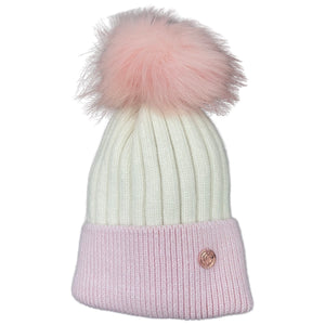 Adult Pink & White Single Pom Cashmere Hat