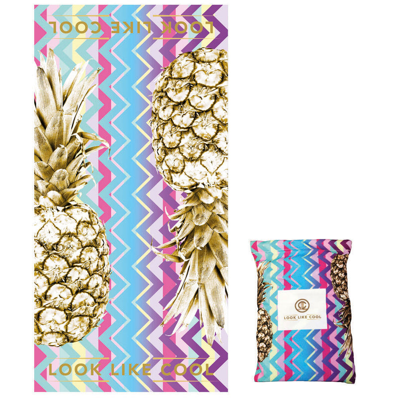 Recycled Plastic Gold Pineapple Compact, Sand Free, Fast Drying Beach/Travel Towel-'Unicorn Chevron'