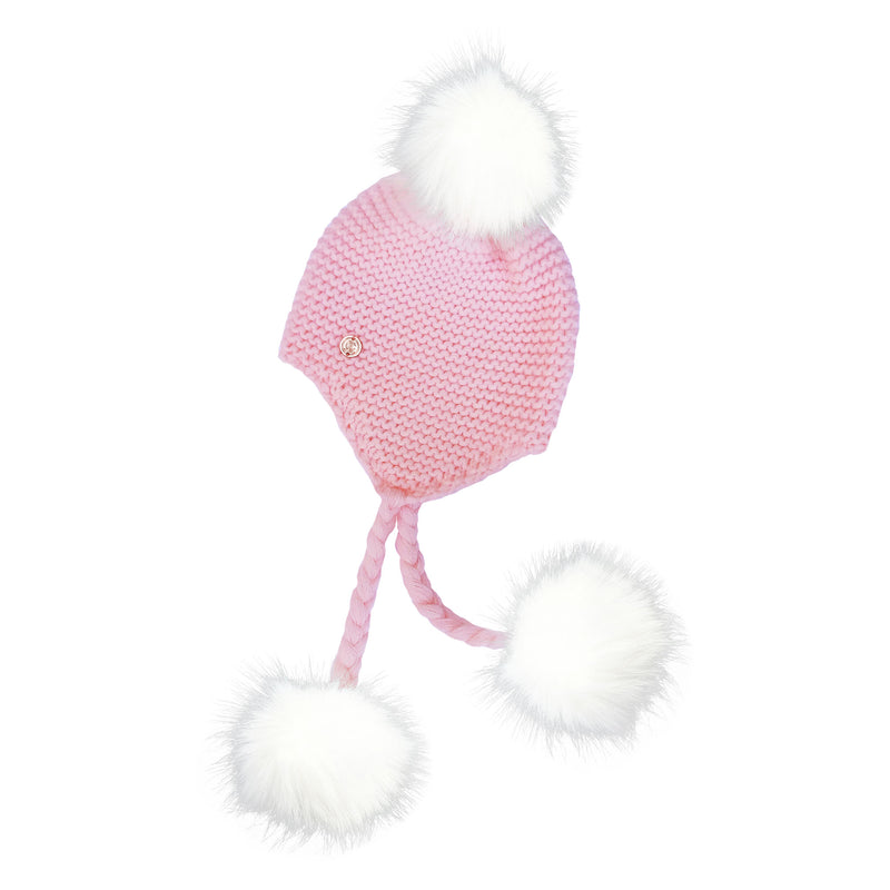 Triple Pom Pom Hat with Tassels- Baby Pink & White