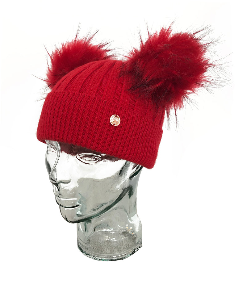 Red Cashmere Double Pom Pom Beanie Hat
