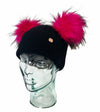 Adult Black and Electric Pink Cashmere Double Pom Pom Beanie Hat
